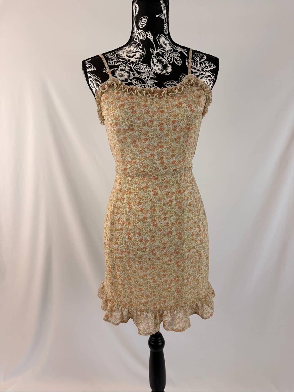Floral Ruffle Slip Dress in Cream and Peach